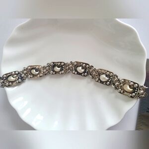 Vintage Boho Sterling Silver Pearl Shell Intricate Chain Link Bracelet